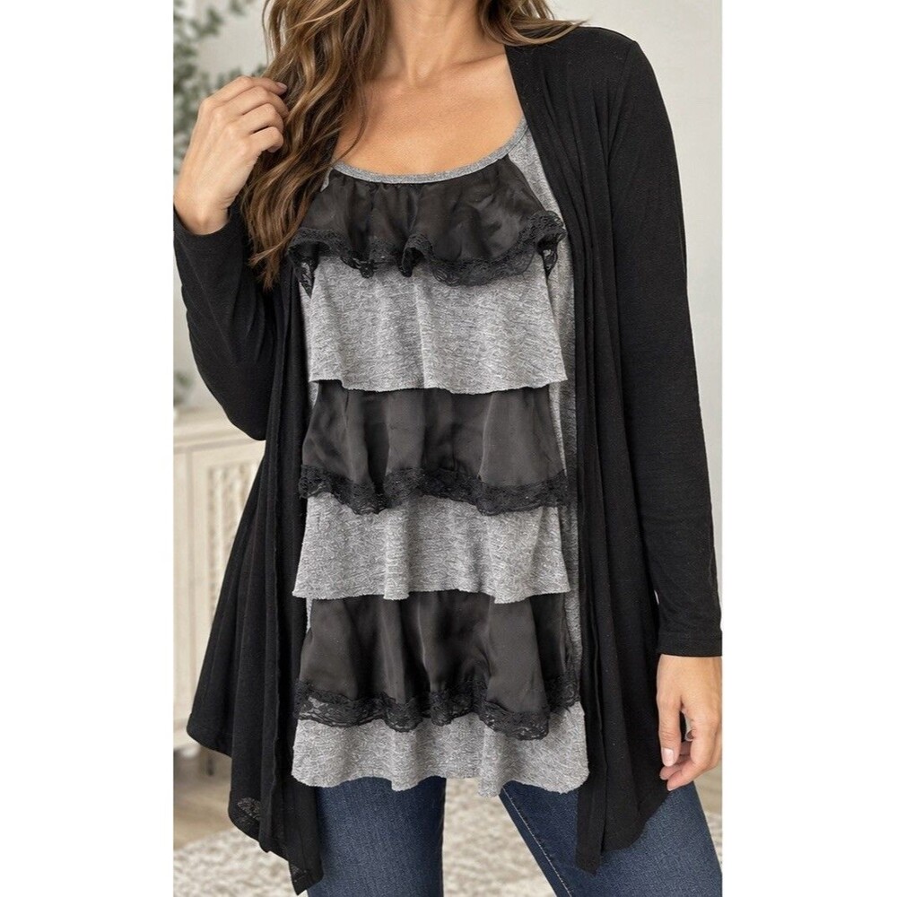 AB Studio Womens XL Layered Ruffle Tunic Top Black Gray Lace Long Sleeve